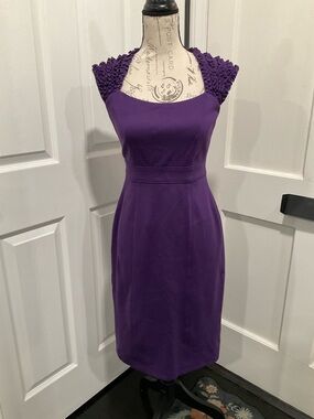 LONDON TIMES PURPLE SHEATH DRESS WITH RUFFLED CAP SLEEVES